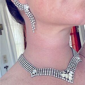 VINTAGE Kramer of New York Rhinestone Necklace & Clip Earrings Demi Paru…